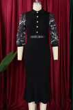Black Casual Patchwork With Belt Turndown Collar Long Sleeve Dresses