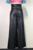 Pantalones callejeros de patchwork liso con bolsillo y cremallera recta cintura alta pierna ancha color sólido negro