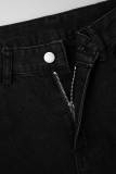 Zwarte casual effen patchwork zak, normale denim jeans met lage taille