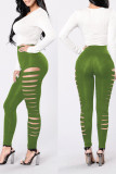 Groene casual effen uitgeholde patchwork skinny hoge taille potlood effen kleur broek