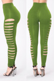 Green Casual Solid Hollowed Out Patchwork Skinny High Waist Pencil Solid Color Bottoms