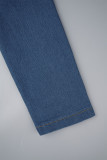 Ковбойские синие повседневные однотонные джинсовые комбинезоны с отложным воротником и длинными рукавами в стиле пэчворк