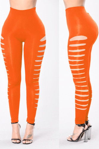 Orangefarbene, lässige, solide, ausgehöhlte, Patchwork-Röhrenhose mit hoher Taille und einfarbigem Bleistift