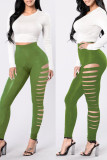 Groene casual effen uitgeholde patchwork skinny hoge taille potlood effen kleur broek