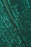 Combinaisons slim décontractées en patchwork de paillettes dos nu à col oblique vert
