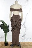 Apricot Brown Sexy Elegant Fold Strapless Two Pieces Crop Tops And Ruched Skirts Sets
