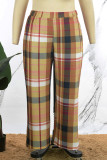 Pantalon marron décontracté à carreaux imprimé basique taille haute conventionnel à imprimé complet