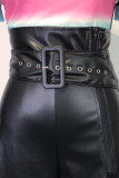 Schwarze Street Solid Patchwork-Tasche mit Reißverschluss, gerade, hohe Taille, weites Bein, einfarbige Hose