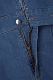 The cowboy blue Casual Solid Patchwork Turndown Collar Long Sleeve Regular Denim Jumpsuits