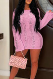 Pink Sexy Solid Hollowed Out Patchwork Backless Off the Shoulder Long Sleeve Dresses