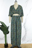 Green Casual Daily Simplicity Mixed Printing Printing Contrast V Neck Half Sleeve Two Pieces