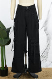 Black Casual Solid Patchwork Pocket Low Waist Regular Denim Jeans