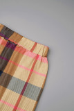 Pantalones informales con estampado de cuadros, básicos, regulares, de cintura alta, con estampado completo, color marrón