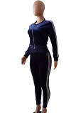 Deep Blue Casual Patchwork Pocket Zipper O Neck Long Sleeve Two Pieces