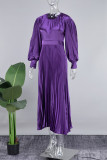 Robe longue plissée à col rond, couleur unie, décontractée, violette