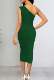 Green Sexy Solid Patchwork Fold One Shoulder Wrapped Skirt Dresses