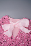 Rosa elegante feste Pailletten-Patchwork-Kleider mit O-Ausschnitt und geradem Schnitt