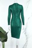 Gröna Casual Patchwork paljetter O-hals långärmade klänningar