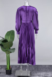 Фиолетовые повседневные однотонные лоскутные плиссированные длинные платья с круглым вырезом