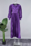 Purple Casual Solid Patchwork Pleated O Neck Long Dress Dresses