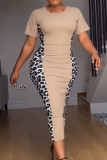 Estampa de leopardo elegante leopardo patchwork saia enrolada com decote em O vestidos tamanhos grandes