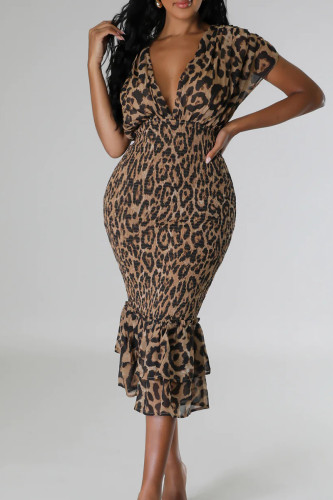 Леопардовый принт Знаменитости Леопардовый бандаж Лоскутное платье с открытой спиной и V-образным вырезом с принтом Платья