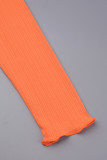 Orangefarbene, lässige, einfarbige, langärmlige Kleider mit Schlitz und V-Ausschnitt