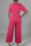 Rose Red Casual Solid Patchwork V-hals Lösa Jumpsuits