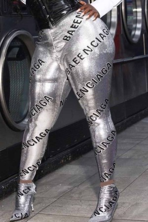 Pantaloni a matita skinny con lettera stampata sexy argento