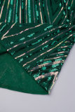 Green Sweet Sequins Patchwork Backless V Neck Sheath Dresses