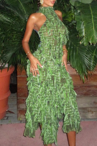 Green Sexy Patchwork See-through Backless Halter Irregular Dress Dresses