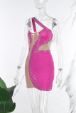 Rose Red Sexig Sweet Party Elegant formellt lapptäcke Genomskinliga mesh asymmetriska klänningar