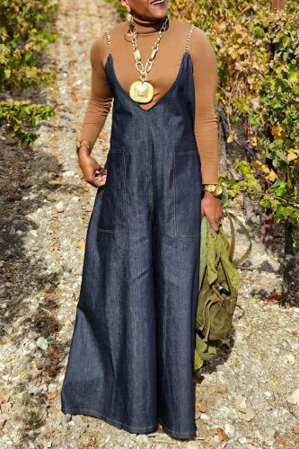 Navy Blue Street Solid Patchwork Metal Accessories Decoration Spaghetti Strap Straight Jumpsuits