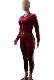 Burgundy Casual Patchwork Pocket Zipper O Neck Long Sleeve Two Pieces