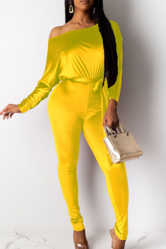 Gold Sweet Solid Bandage Patchwork Oblique Collar Loose Jumpsuits