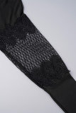 Black khaki Casual Solid Patchwork V Neck Long Sleeve Dresses
