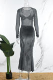 Grey Street Solid Patchwork Genomskinlig O-hals långa klänningar