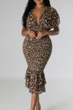 Леопардовый принт Знаменитости Леопардовый бандаж Лоскутное платье с открытой спиной и V-образным вырезом с принтом Платья