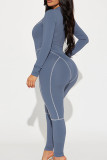 Blue Gray Street Solid Patchwork Zipper O Neck Skinny Jumpsuits