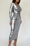 Vestido longo cinza elegante sólido patchwork com decote em V