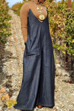 Navy Blue Street Solid Patchwork Metal Accessories Decoration Spaghetti Strap Straight Jumpsuits