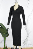 Zwarte elegante effen patchwork lange jurk met V-hals en lange jurken