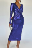 Blauwe elegante effen patchwork lange jurk met V-hals en lange jurken