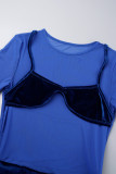Blue Street Solid Patchwork Transparente O Neck Vestidos longos