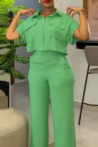 Grön Sweet Solid Patchwork Pocket Spänne Skjorta Krage Kort ärm Två delar