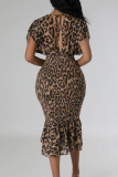 Celebridades com estampa de leopardo, bandagem de leopardo, patchwork, costas nuas, decote em V, vestidos estampados