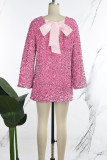 Rosa elegante feste Pailletten-Patchwork-Kleider mit O-Ausschnitt und geradem Schnitt
