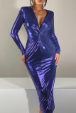 Blå Elegant Solid Patchwork V-hals långa klänningar