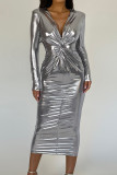 Grey Elegant Solid Patchwork V Neck Long Dress Dresses