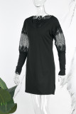 ブラック カーキ カジュアル ソリッド パッチワーク V ネック 長袖 ドレス